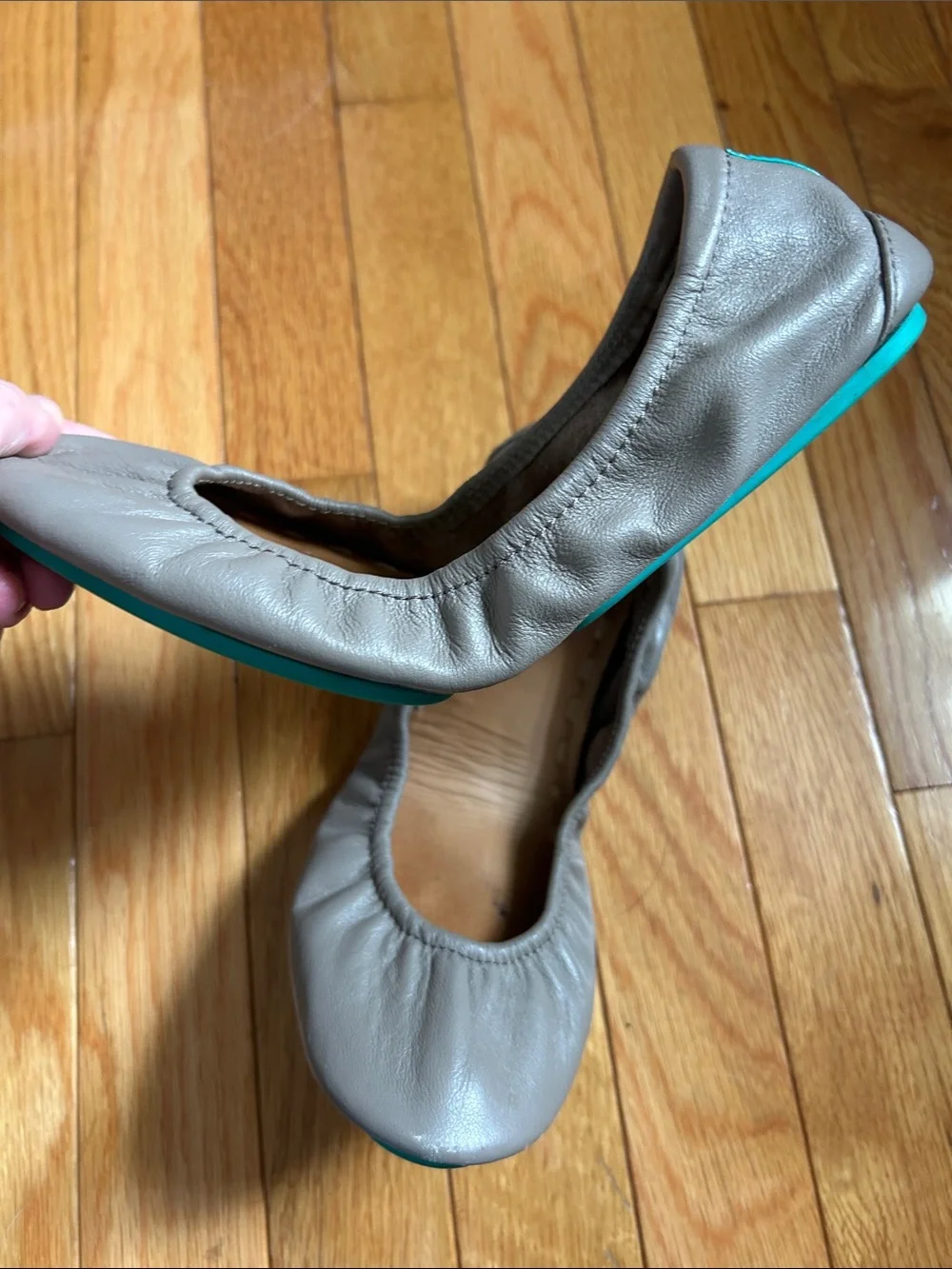 Tieks Light Brown/Khaki Leather Ballet Flats with Teal Trim - Picture 9 of 11